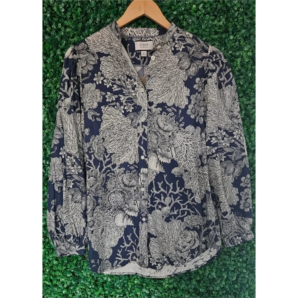 J. Crew Classic-fit collarless puff-sleeve shirt in Ratti® seashell print